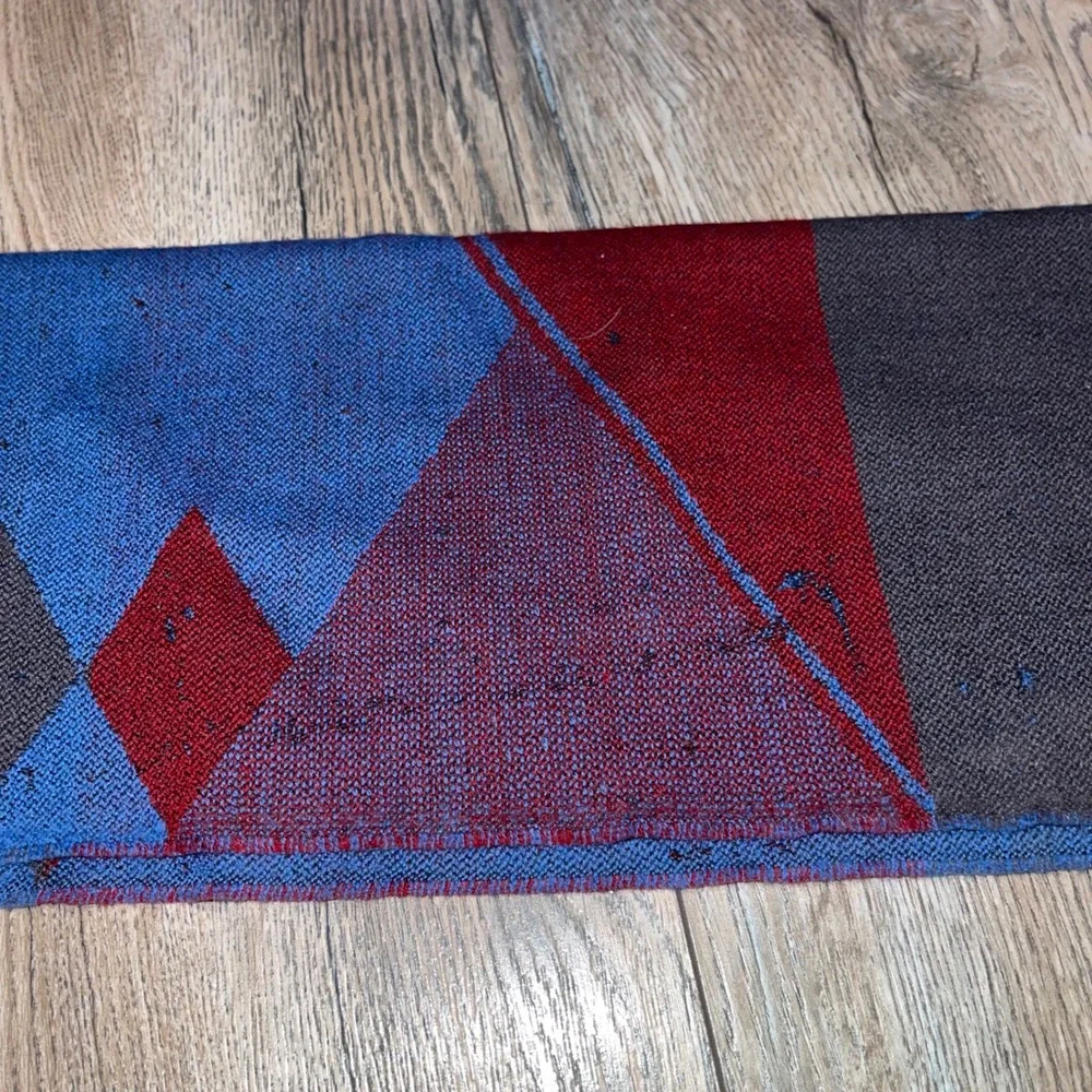 Vintage Yves Saint Laurent YSL Wool Scarf Geometric Diamond Blue Red Grey 66in